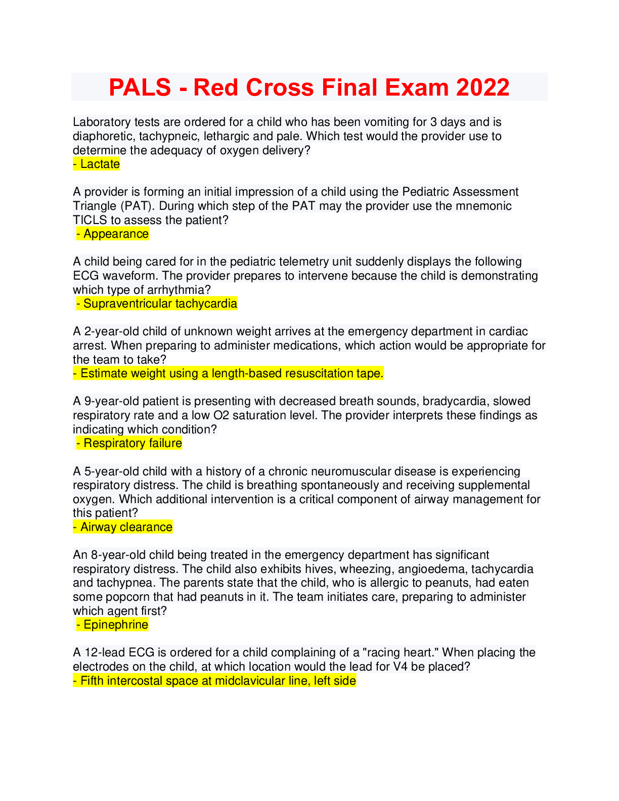 Preview image for PALS - Red Cross Final Exam 2022, Reliable Study Materials & Testing Engine for PALS - Red Cross (answered)